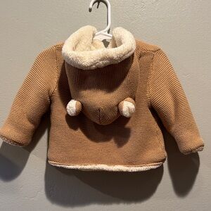 Baby Gap Sherpa Lined Hooded Cardigan Cozy Fuzzy Tan Knit Baby Hoodie with Ears